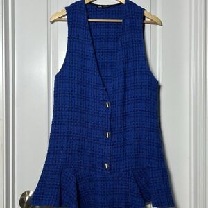 Zara Royal Blue Lurex Tweed Boucle Peplum Mini Dress Old Money Preppy Style